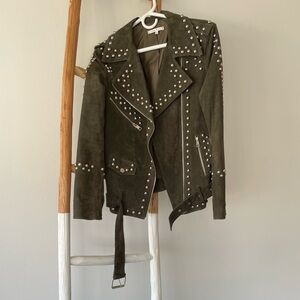 Rocker gunmetal studded suede Moto jacket with nailhead beads belt leather style